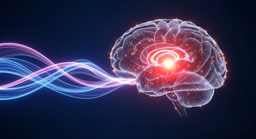 Hjerne med lysimpulser som symbol på REM-søvn, drømmebearbejdning og drømmesymboler.