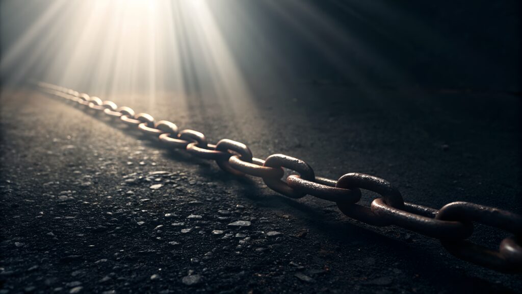 Kæde brudt af lys som symbol på åndelig frihed, drømmetydning og bibelske drømmesymboler.