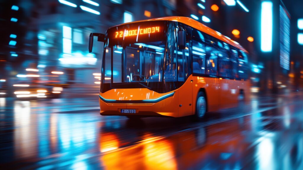 Bus i bevægelse som symbol på retning, valg og åndelig vejledning i drømmetydning.