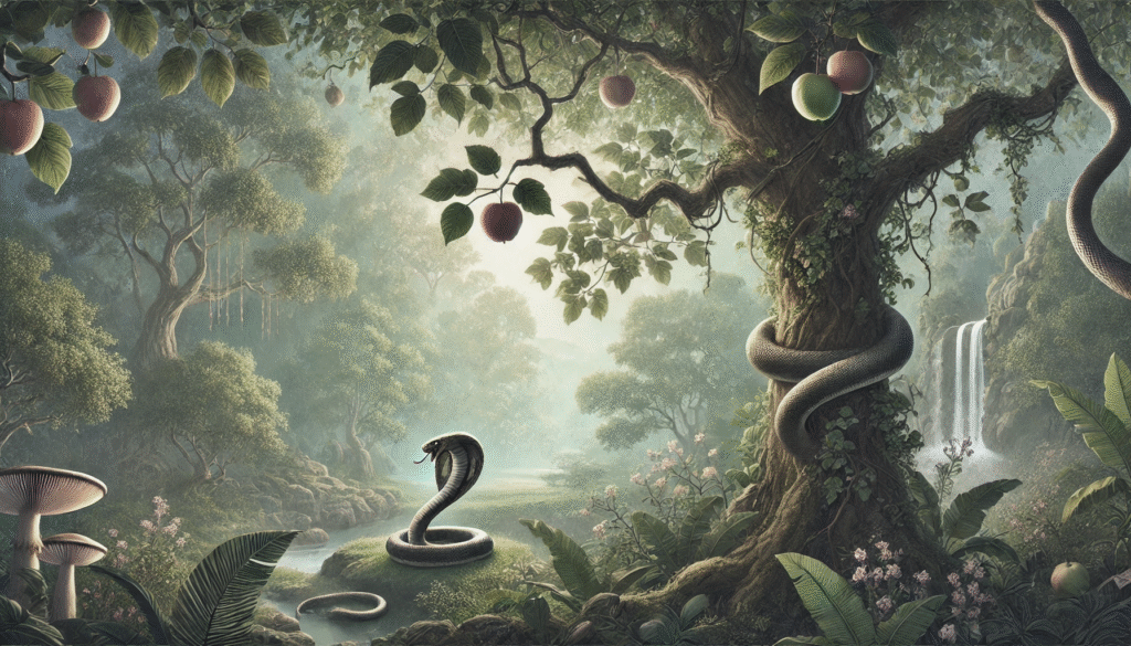 Slange ved kundskabens træ – symbol på fristelse og verdens fald.