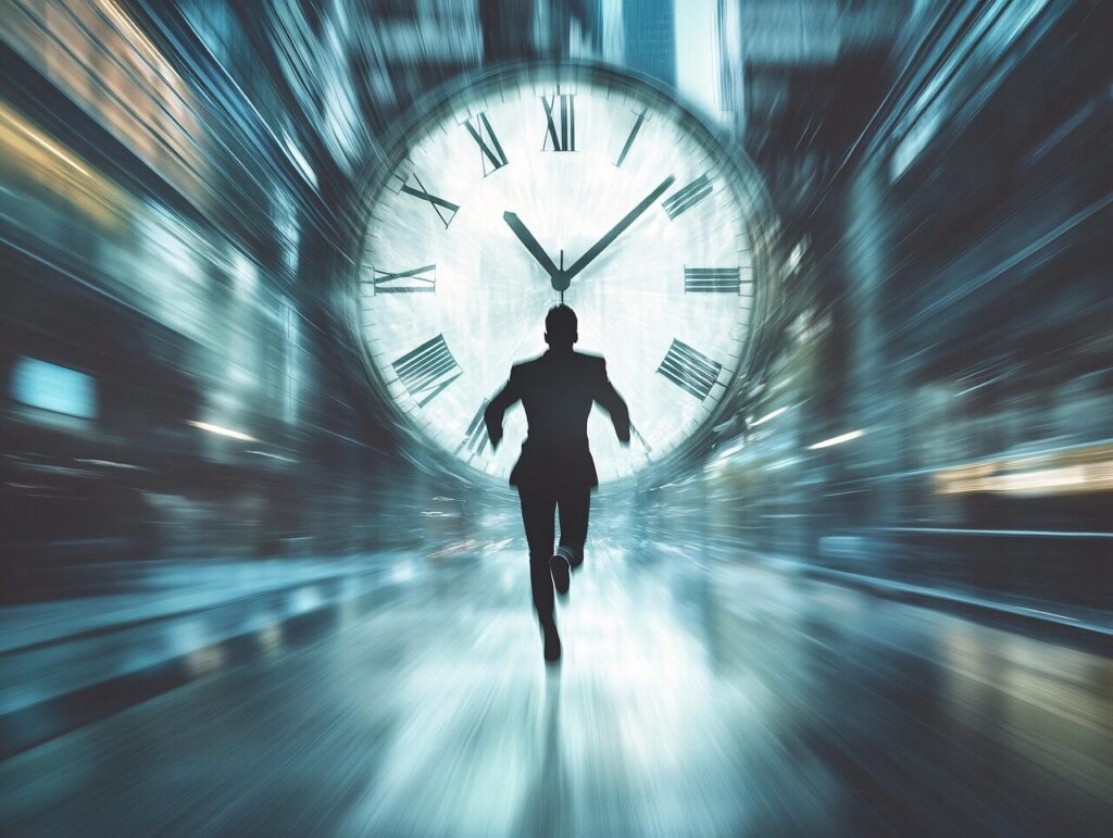 “Drømmetydning – drøm om at komme for sent, mand løber mod stort ur”