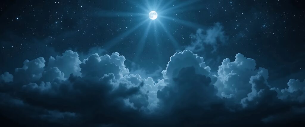 Stjerneklar nattehimmel med fuldmåne som symbol på profetiske drømme, syner og Guds åbenbaring i natten.