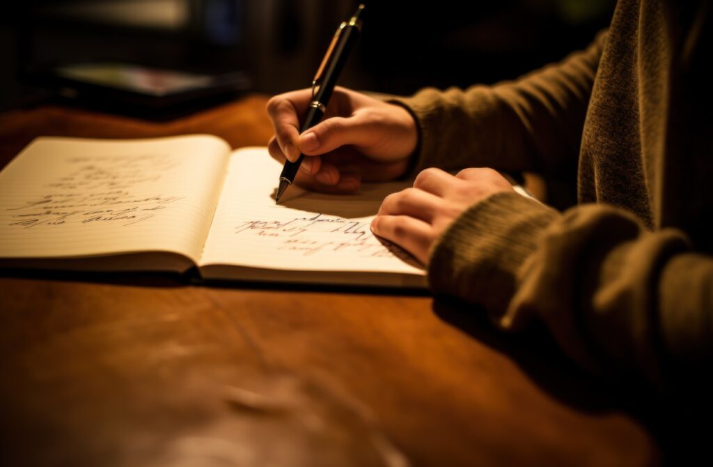 Hånd der skriver profetiske indtryk og drømme i en notesbog som del af åndelig vejledning og drømmetydning.