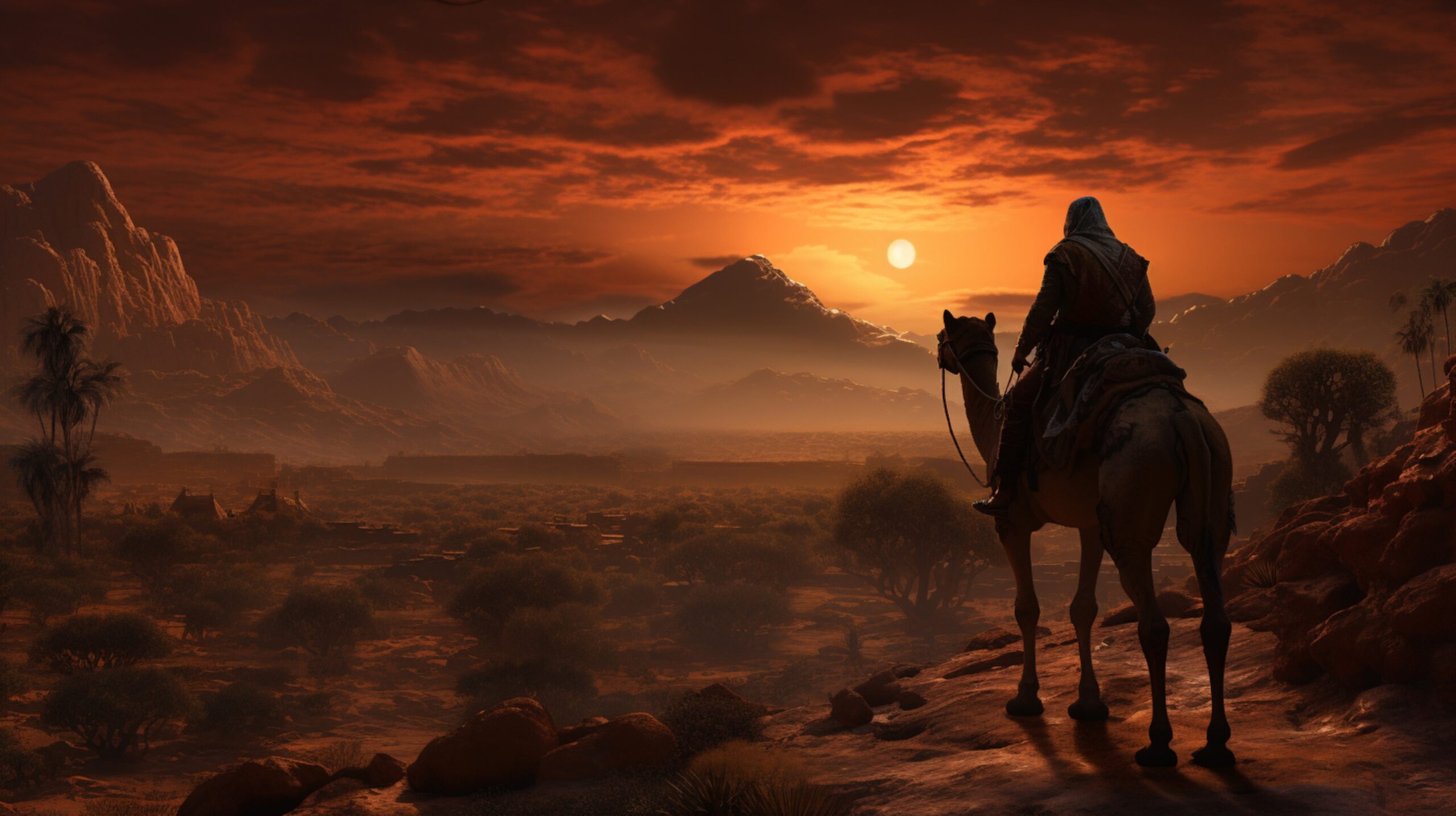 Fader Abraham på kamel i ørkenen ved solnedgang som symbol på profetisk vejledning, drømme og Guds kald