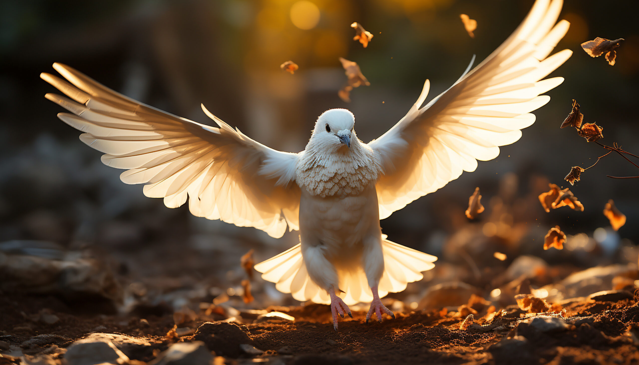Hvid due med udbredte vinger i gyldent lys symboliserer Helligånden og miraklernes fortsatte virkelighed