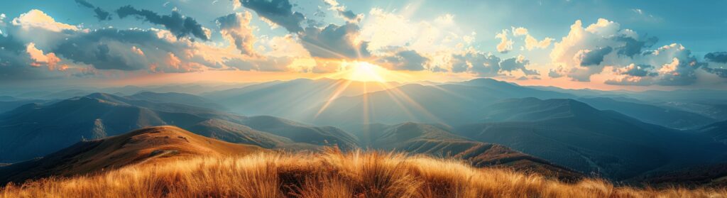 Bjerglandskab ved solopgang – tillid til Gud som Far uden sikkerhedsnet