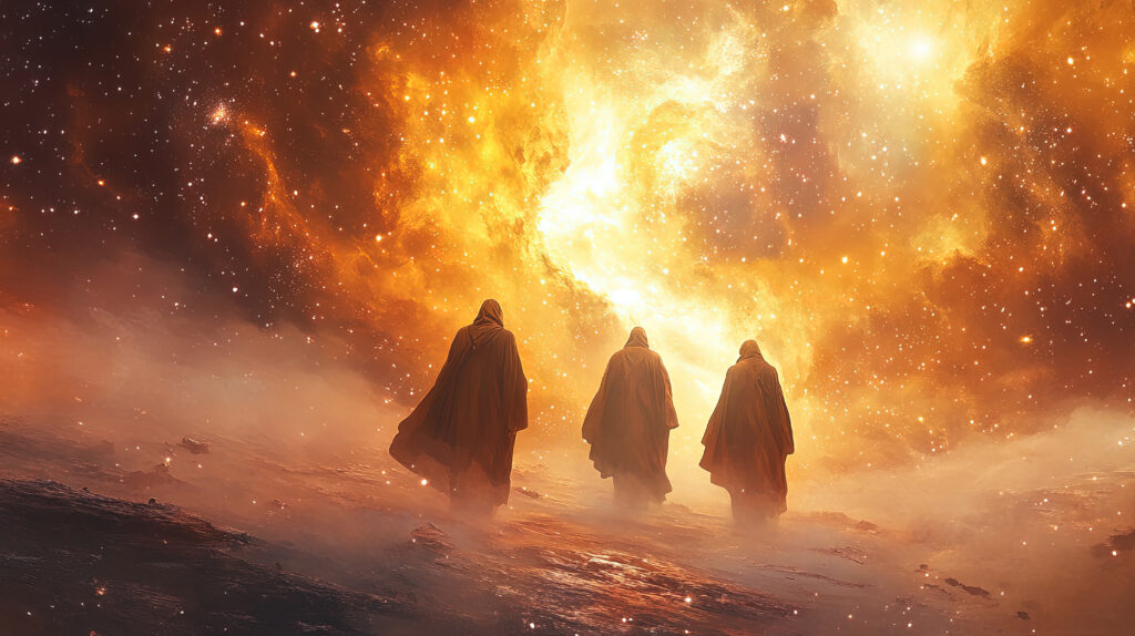 Tre himmelske besøgende nærmer sig Abraham i et profetisk lysglimt, inspireret af 1 Mos 18 og besøget før Sodoma og Gomorra.