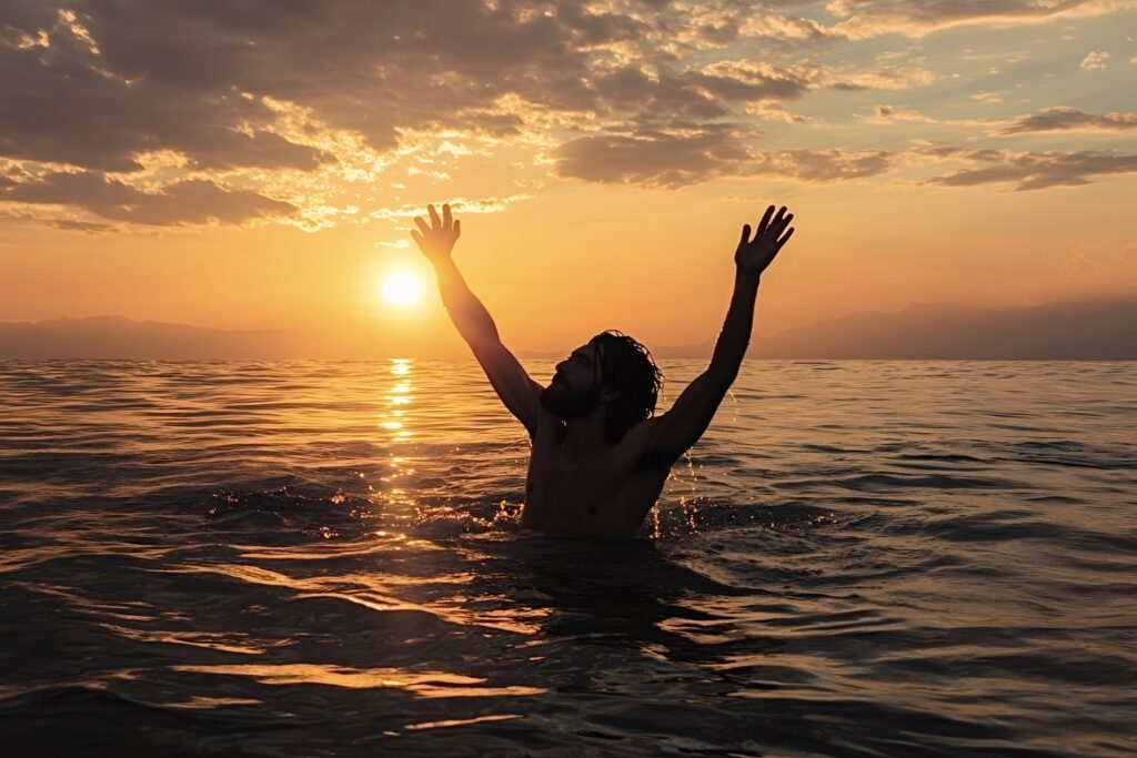 Voksendåb som offentlig bekendelse af tro på Jesus ved solnedgang