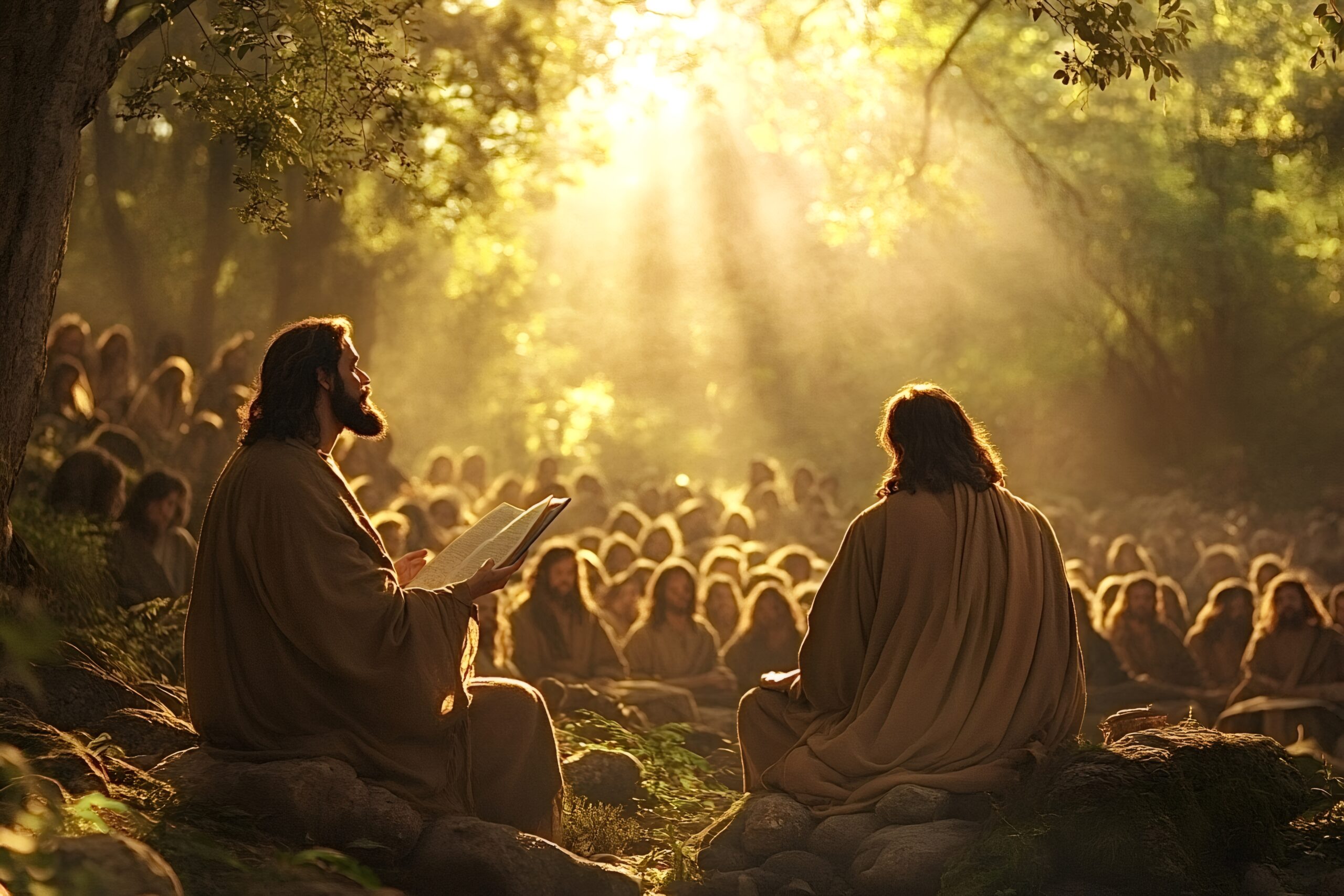 Illustration af Jesus der underviser en stor gruppe mennesker i en solbelyst skov, symbol på discipelskab og Guds ord i naturen.
