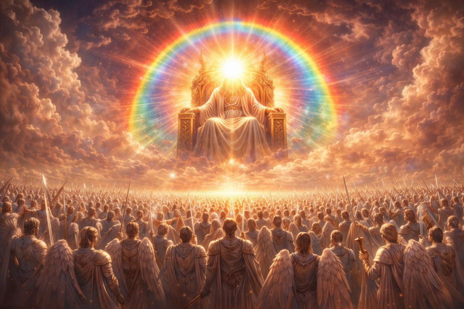 Strålende himmelsk trone omgivet af en regnbue og en stor skare – inspireret af Johannes’ Åbenbaring.